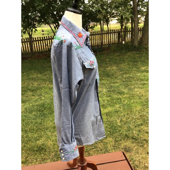 Vintage Sears Embroidered Western Shirt M Denim Floral Design Long Sleeve - Picture 9 of 11